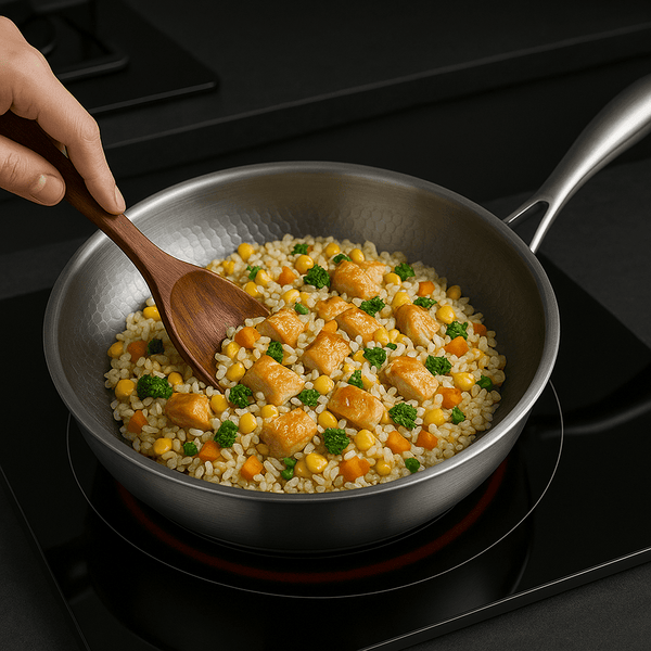 Classic frying pan with non-stick coating on a stovetop.