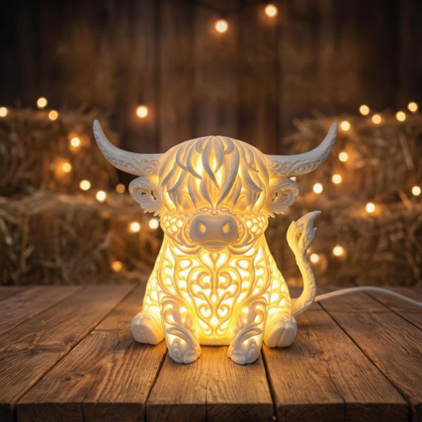 Decorative highland cow table lamp with a warm glow in a rustic setting