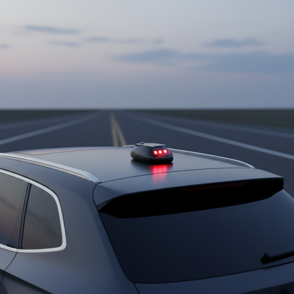 Solar-powered RGB light mounted on a car roof at dusk