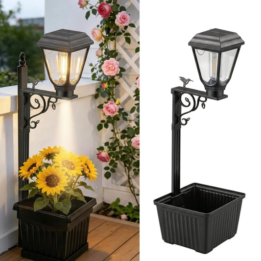 Two-panel hero image of the solar garden lamp with planter insert