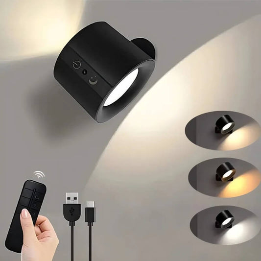 Black magnetic LED wall lamp with remote control and USB-C cable