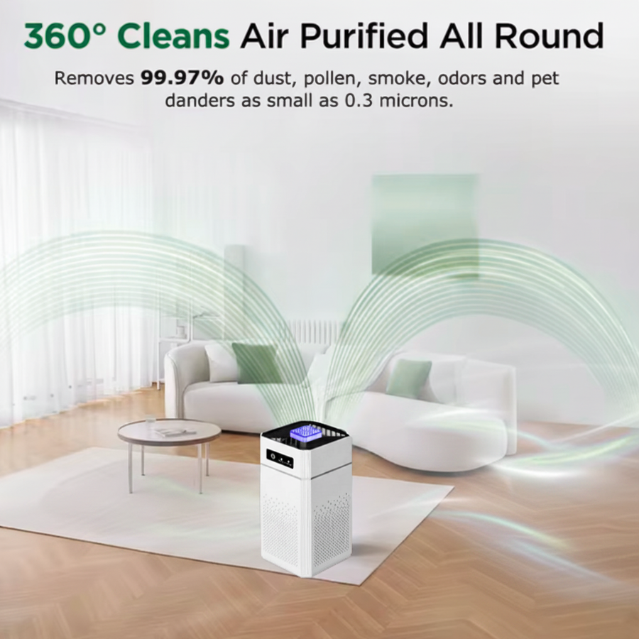 White air purifier in a modern living room