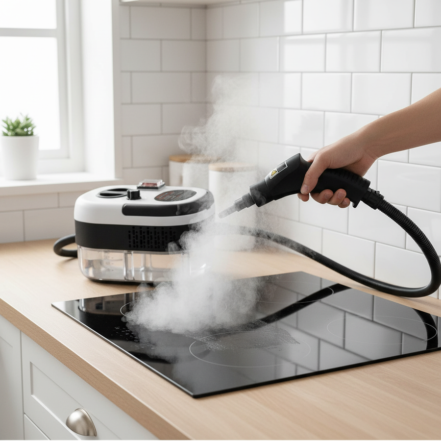 Steam cleaner sanitizing a stove in a Scandinavian kitchen