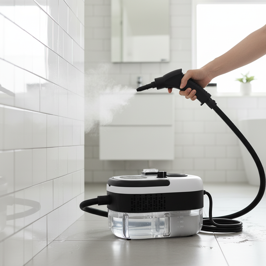 Steam cleaner cleaning bathroom tile without chemicals