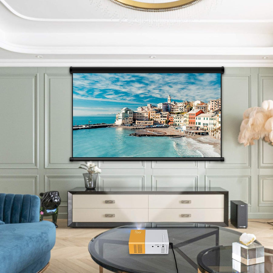 Mini projector displaying an image on a living room wall