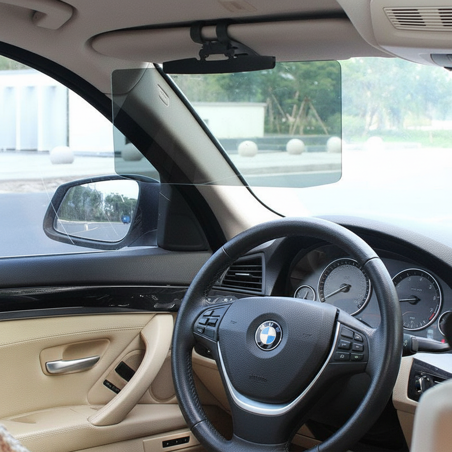 Driver's view through the car anti-glare visor while driving