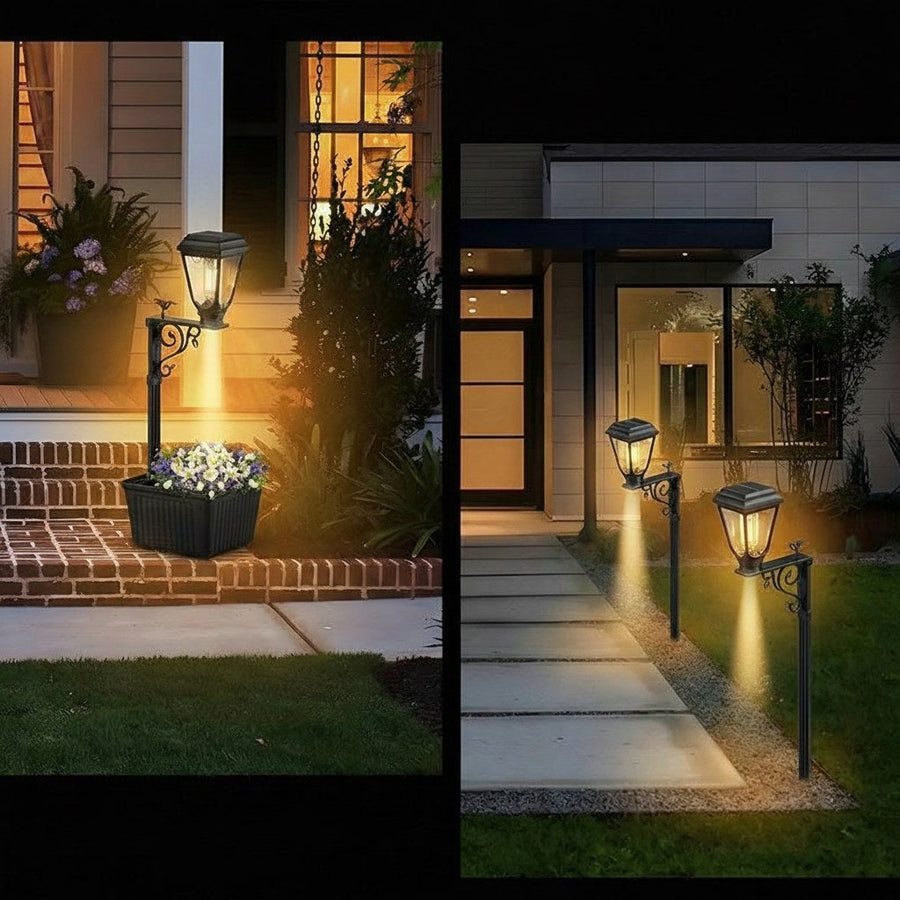 Solar lamp mounted on a post along a garden path