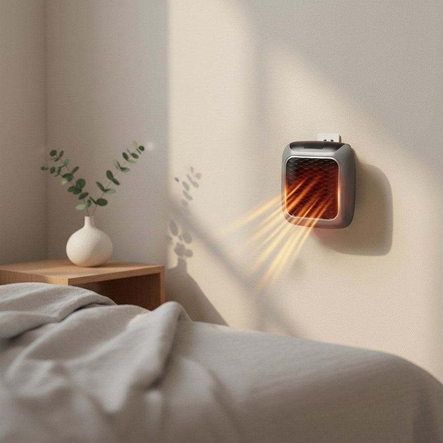 Portable heater mounted in a Scandinavian-style bedroom