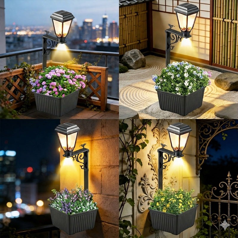 Four-panel image showing different uses of the solar planter lamp