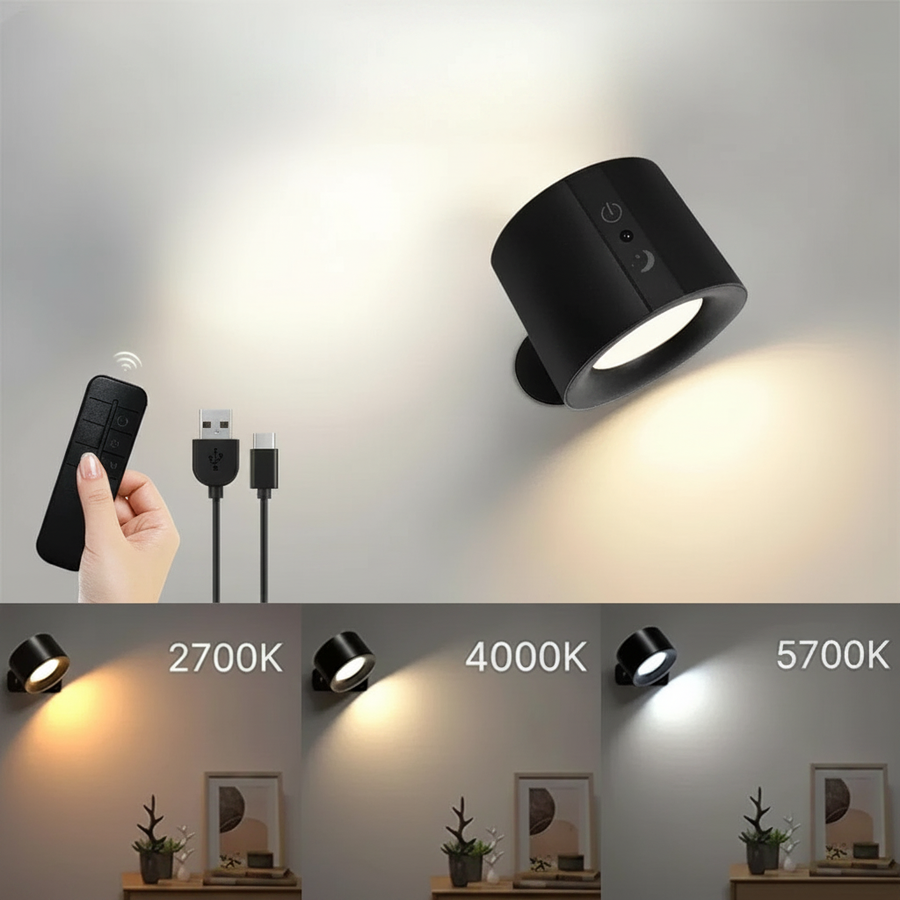 Black LED wall lamp with remote control and three color temperatures