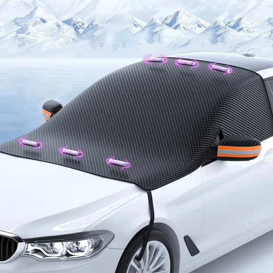 Magnetic snow cover installed on a car windshield