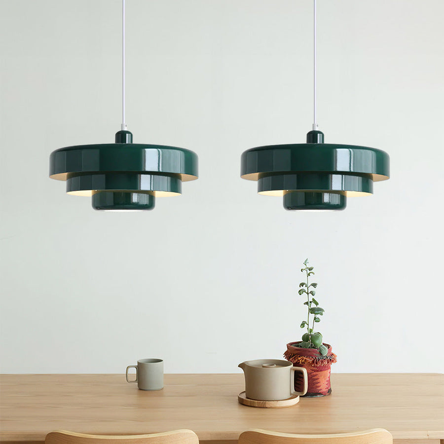 Retro pendant light turned on with warm glow