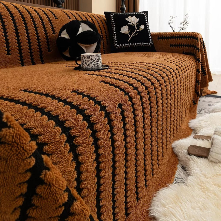 Decorative knit sofa cover shown up close