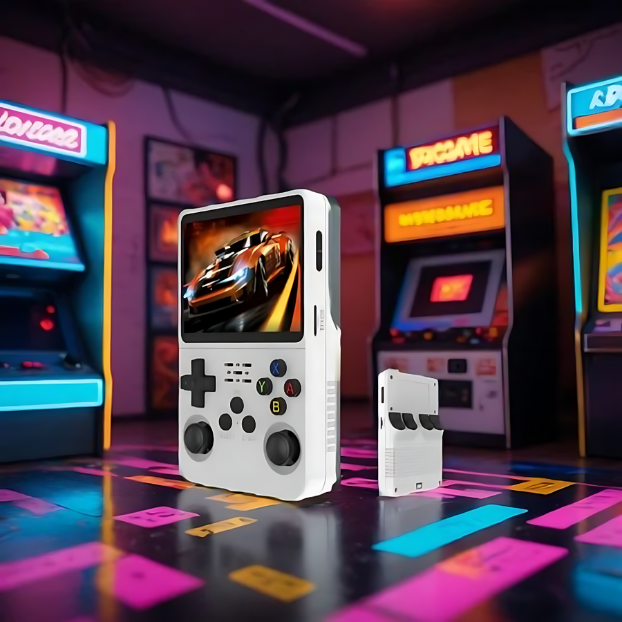 Side view of the handheld gaming console showing its slim profile