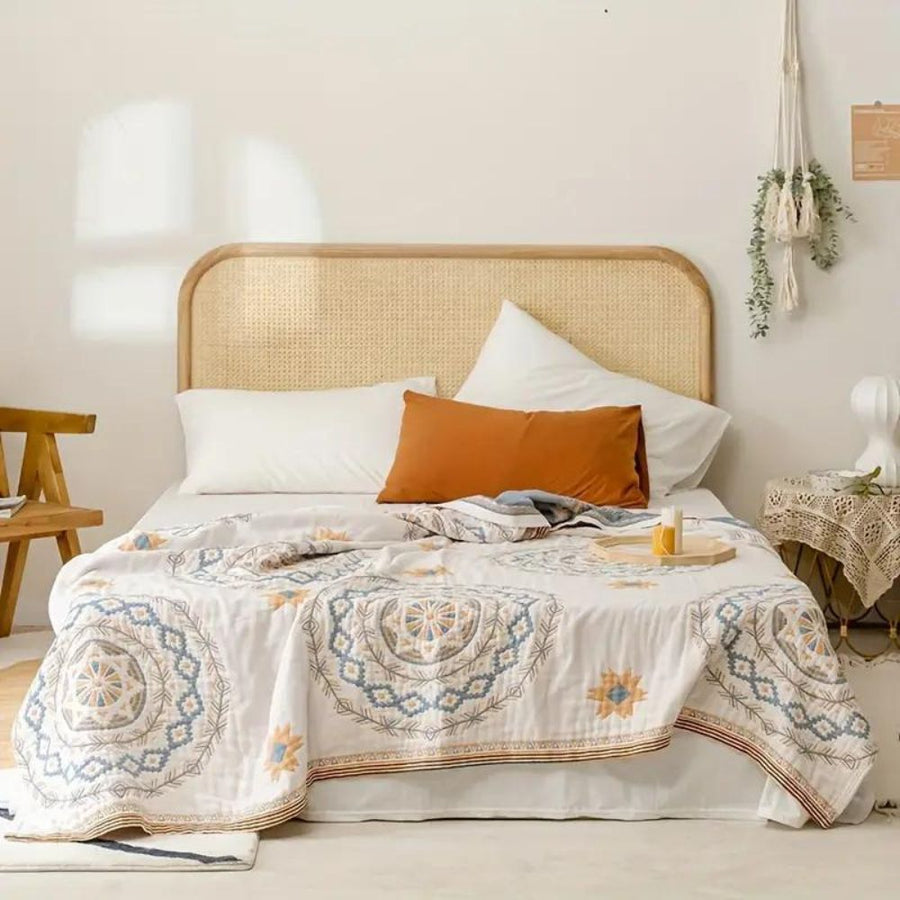Mandala pattern throw blanket draped over a chair