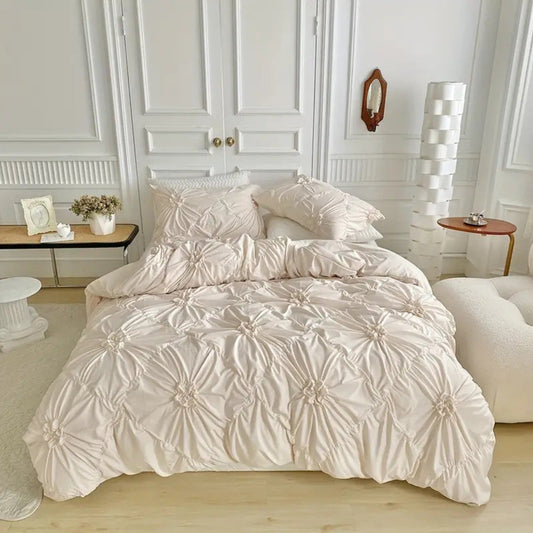 Textured floral duvet cover set with ruffle trim on a bed