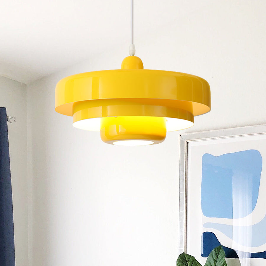 White retro pendant light in a minimalist living room