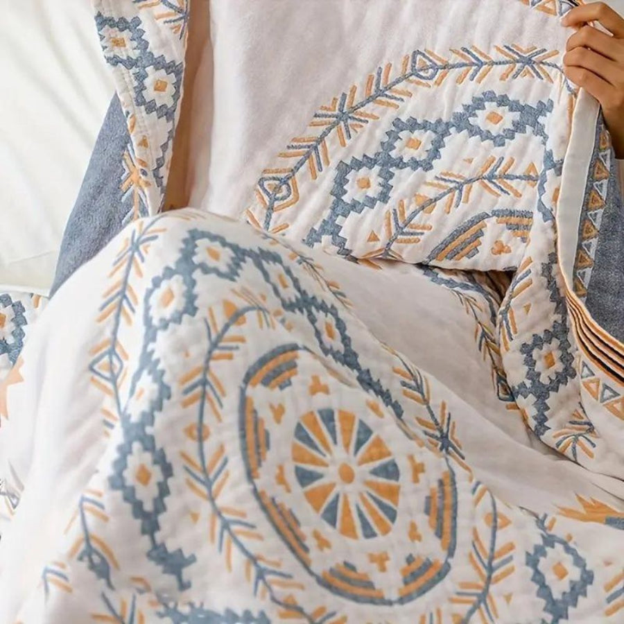 Close-up of mandala pattern on a soft throw blanket