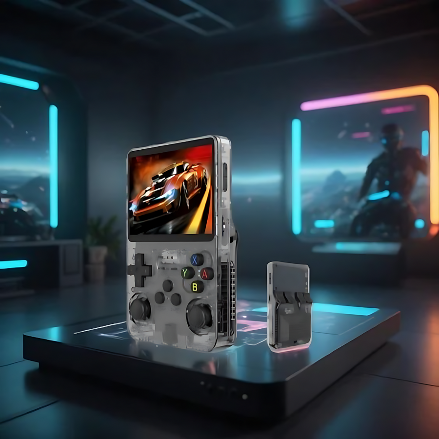 Handheld console displayed with charging cable and rechargeable battery