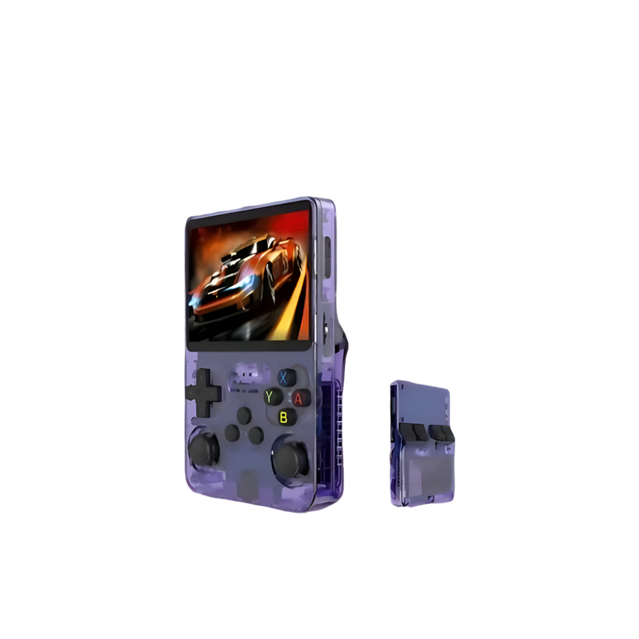 Handheld gaming console held in hand to show scale