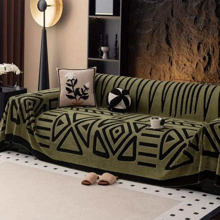 Folded knit sofa cover showing pattern detail