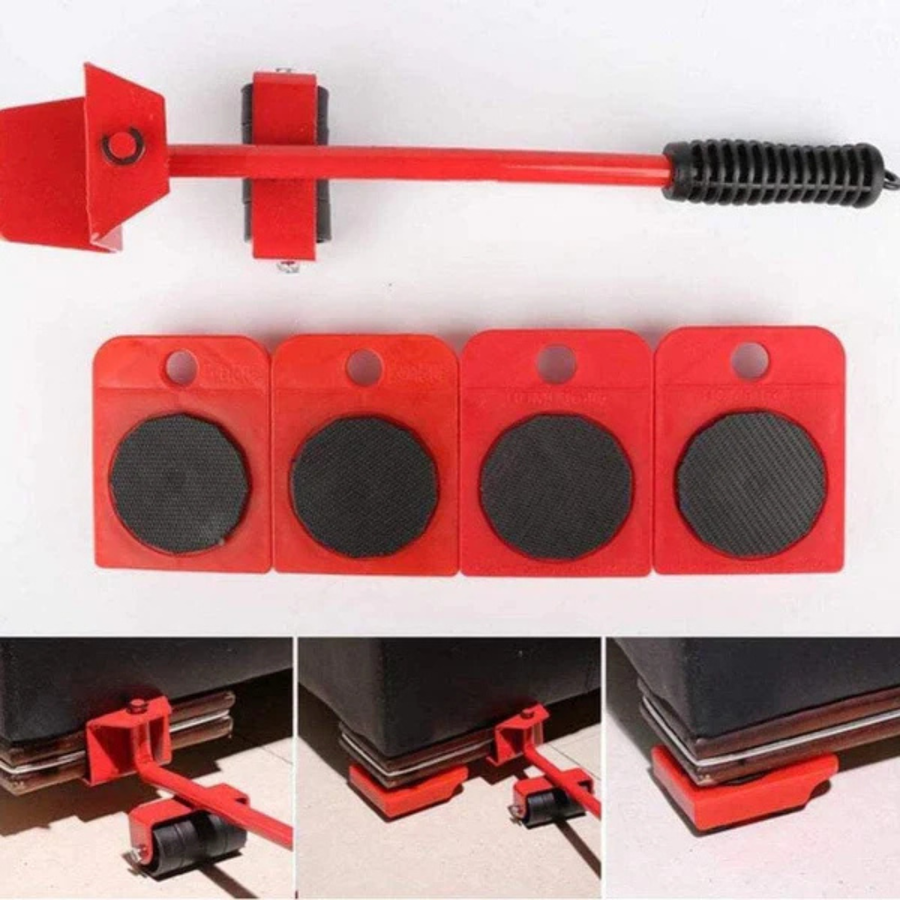 Furniture lifting set with lift bar and rolling platforms on a wood floor