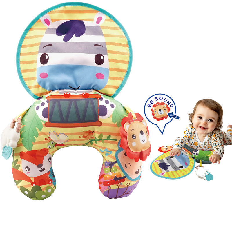 Top view of the tummy time pillow with colorful patterns