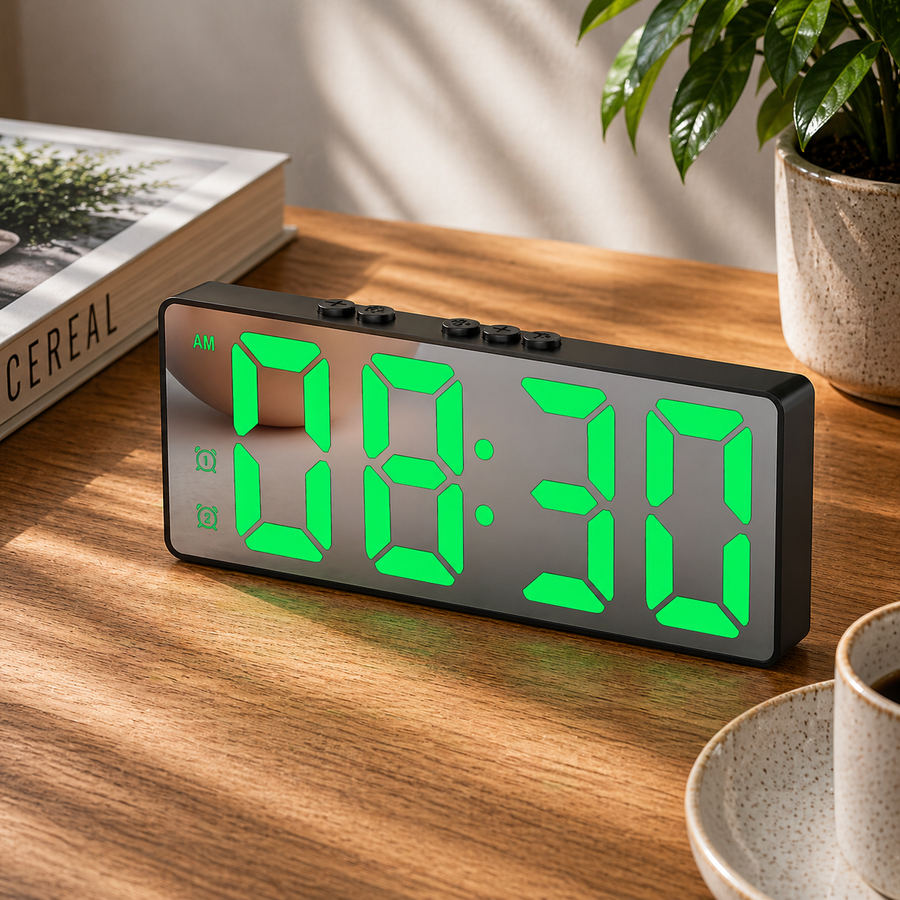 Digital alarm clock shown in a cozy home interior.