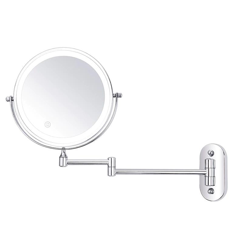 Round wall-mounted mirror with LED light in a bathroom setting
