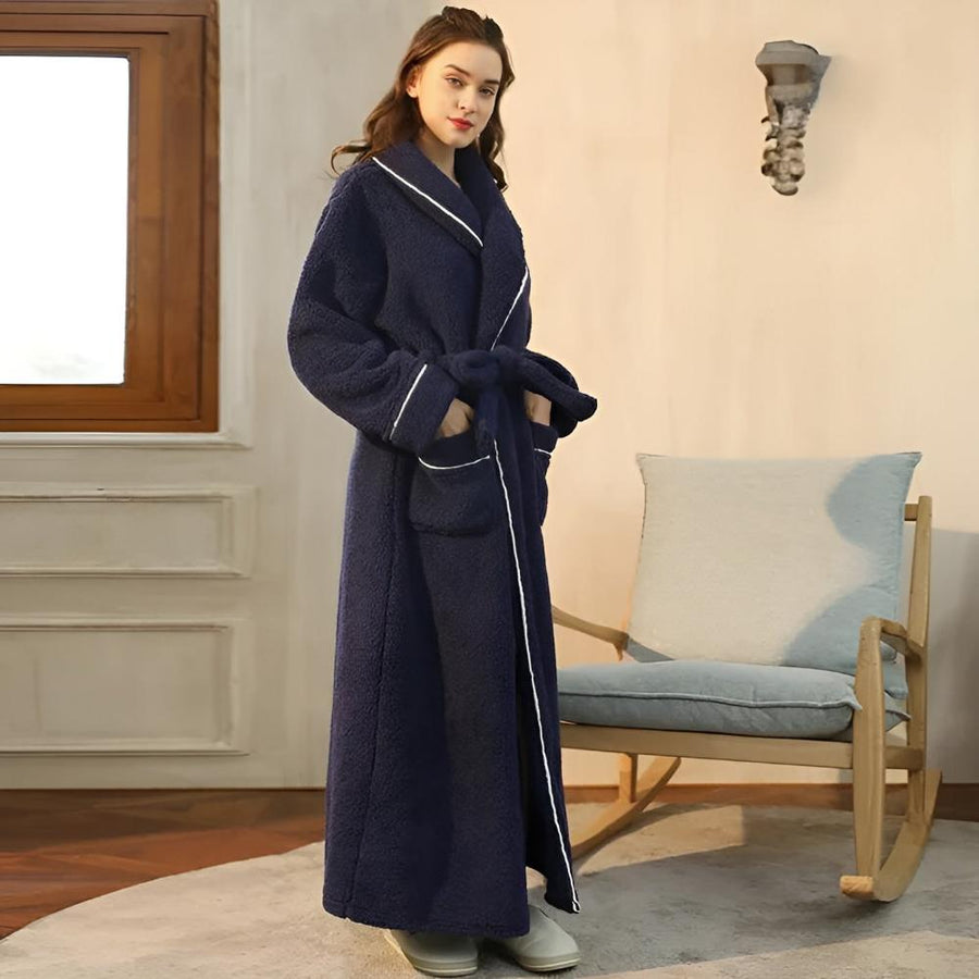Side view showing the bathrobe's length and fit