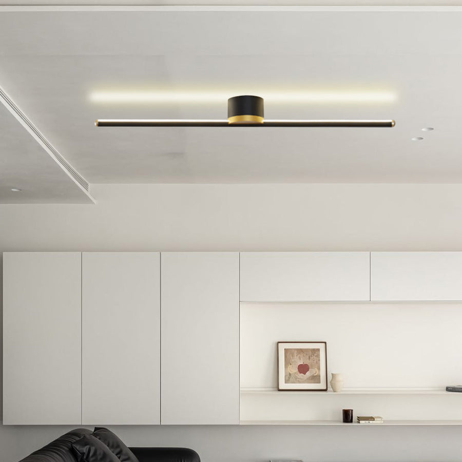 Modern linear LED ceiling light shown in a living room setting