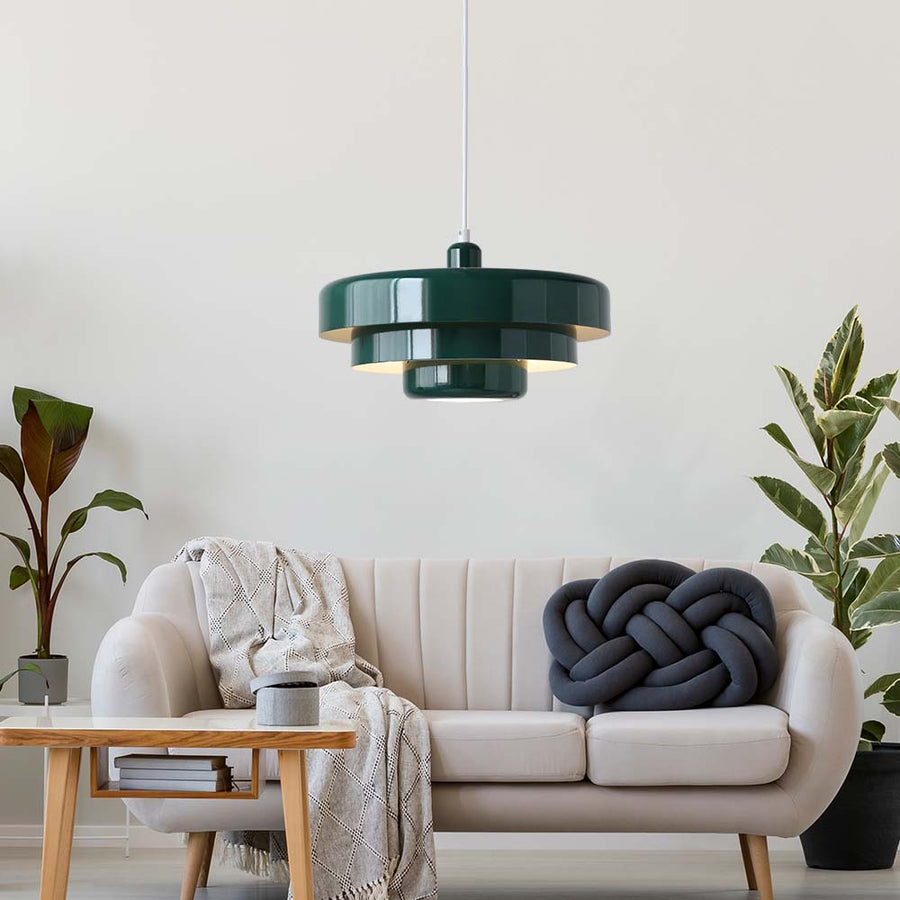 Retro pendant light paired with a wooden table
