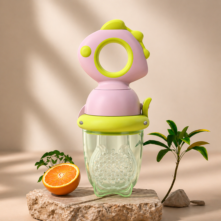 Fruit feeder with squeeze handle for easy feeding