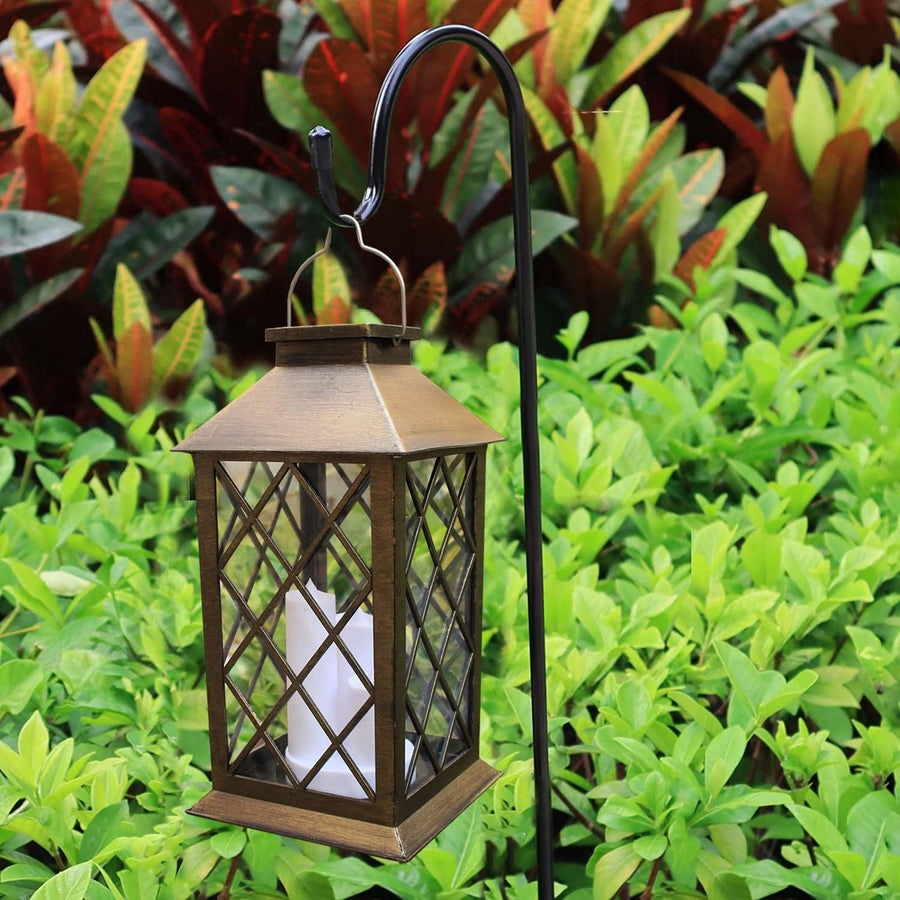 Hanging outdoor lantern displayed on a hook