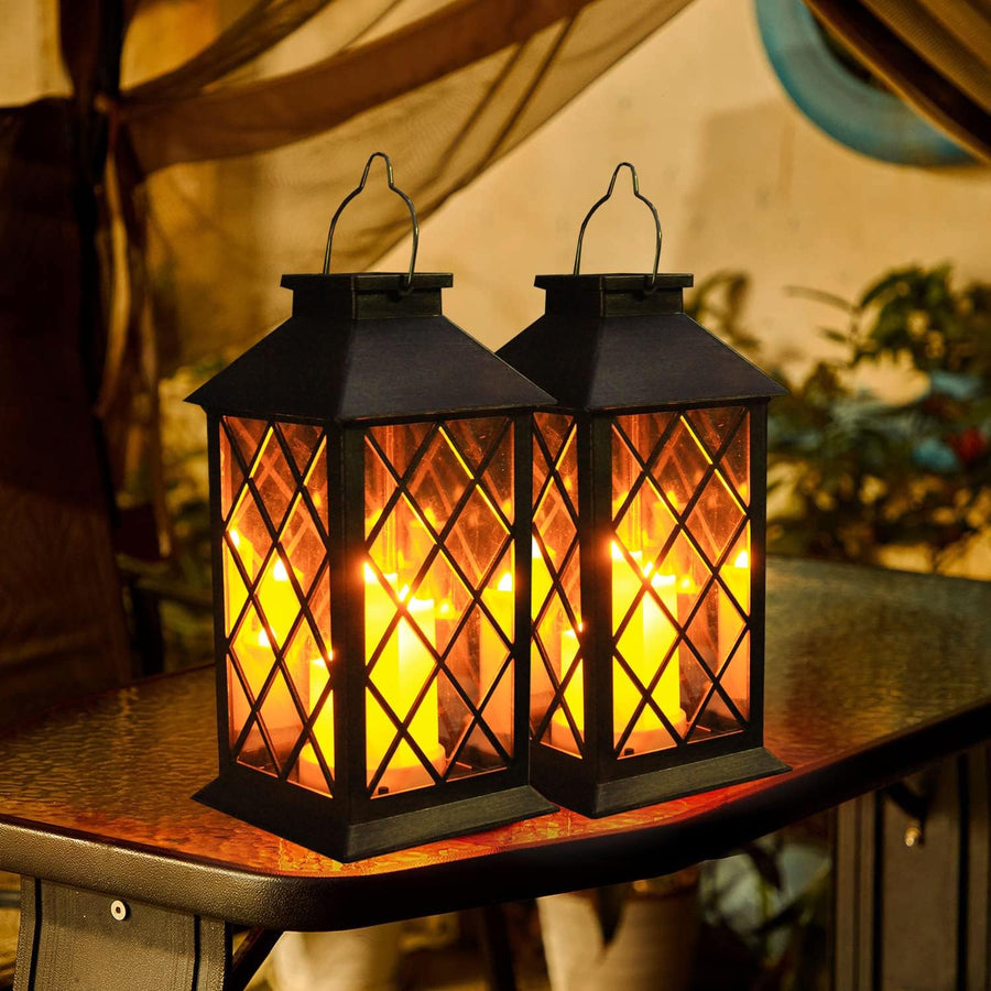 Front view of the black hanging outdoor lantern