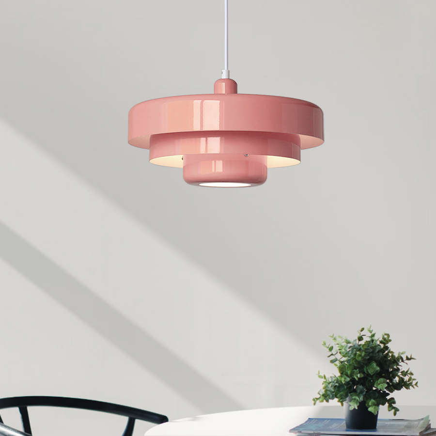 Retro pendant light casting a soft glow at night