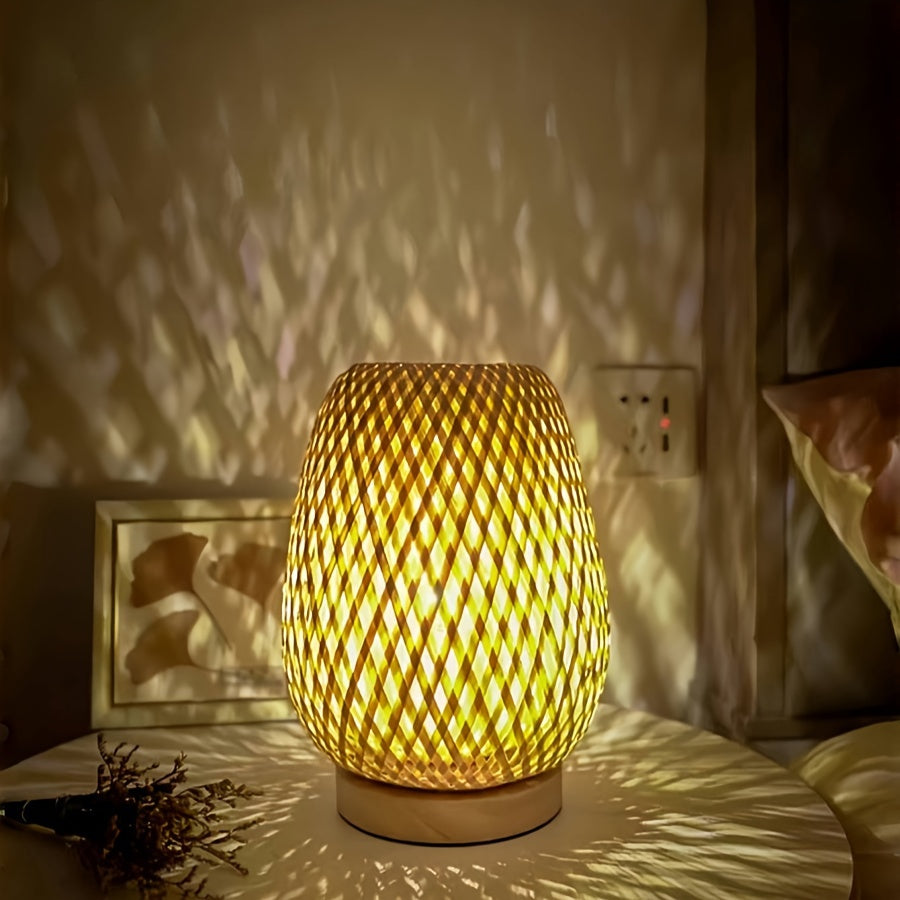 Close-up of bohemian style LED bedside lamp's textured shade