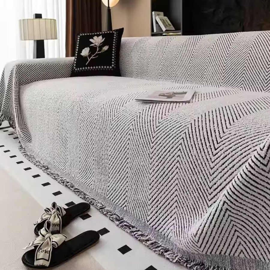 Full view of the sofa with the textured cover on