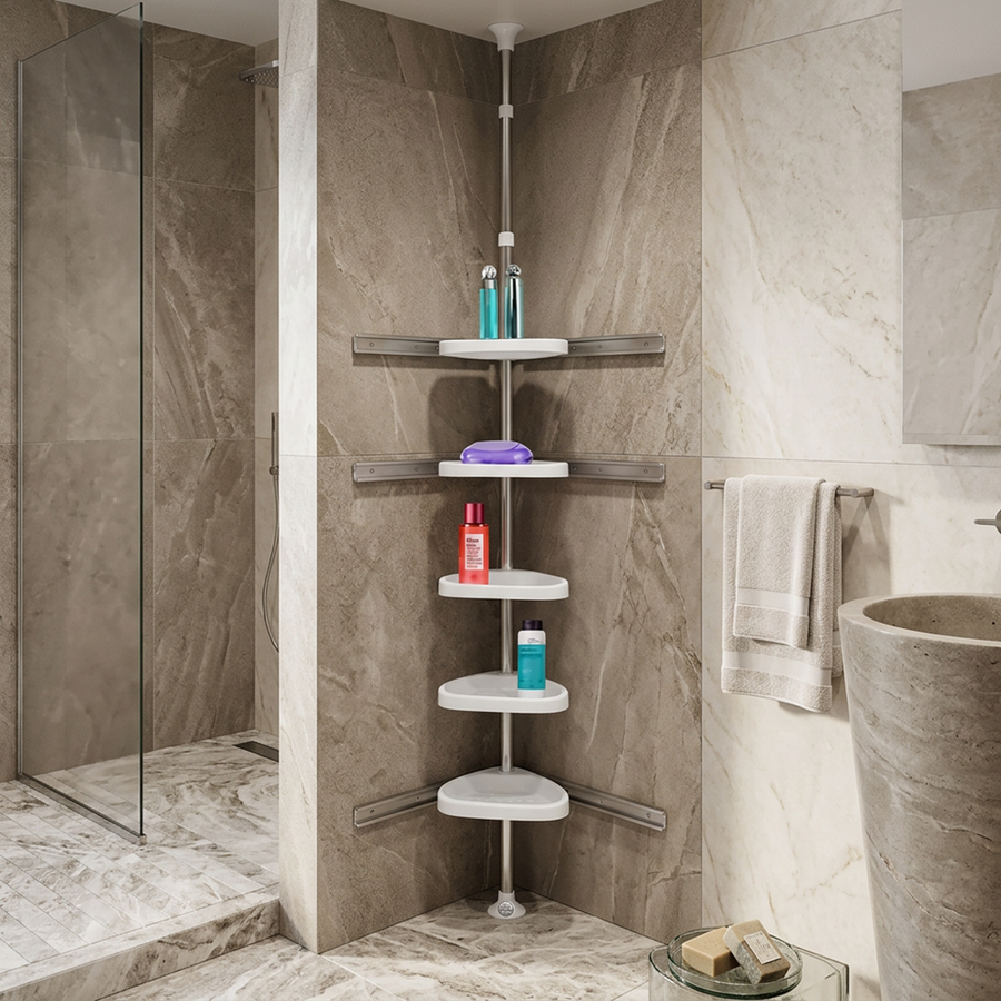 Cabinet holding toiletries and towels in a small bathroom.