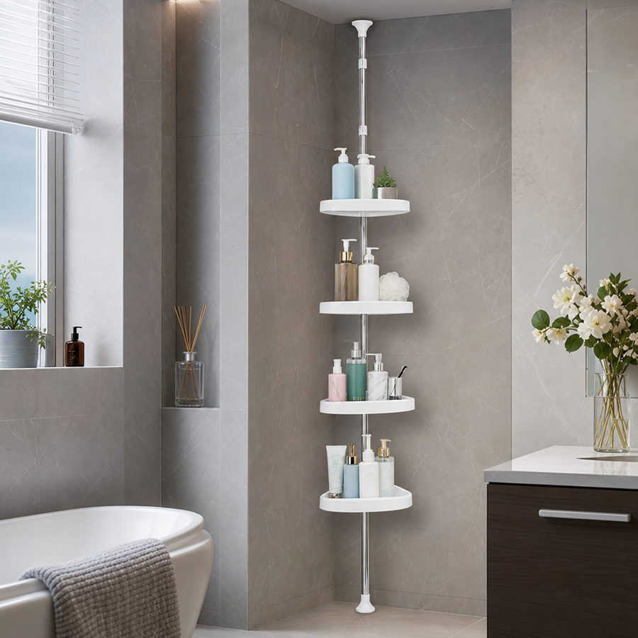 Corner cabinet placed near a sink in a bathroom.