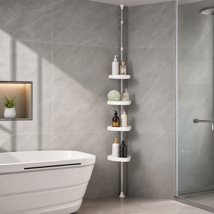 Adjustable shelf sliding along the telescoping pole.