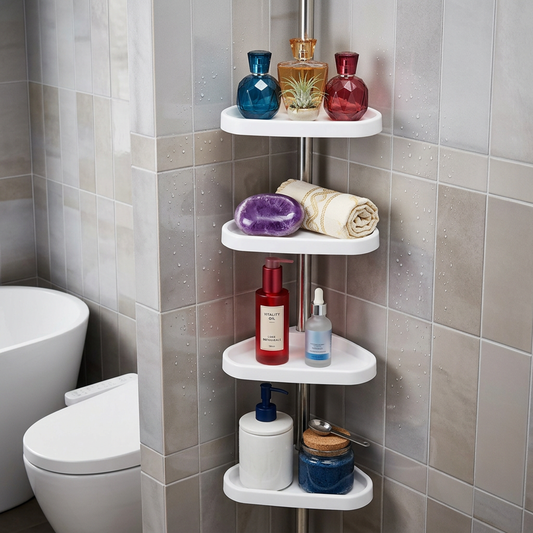 Corner bathroom cabinet mounted between floor and ceiling.