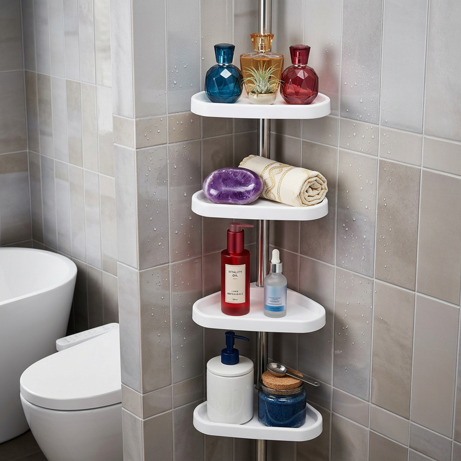 Corner bathroom cabinet mounted between floor and ceiling.