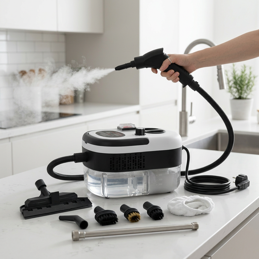 Handheld steam cleaner with nozzles displayed on white background