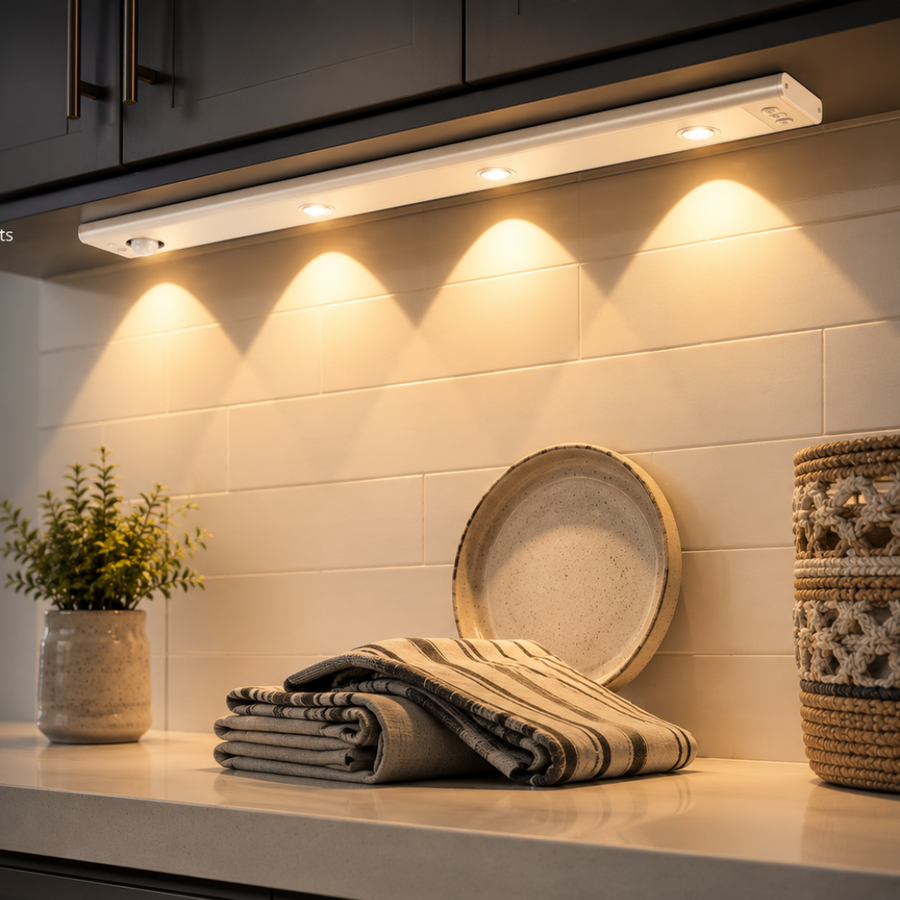 LED light strip mounted under kitchen cabinets lighting up the countertop
