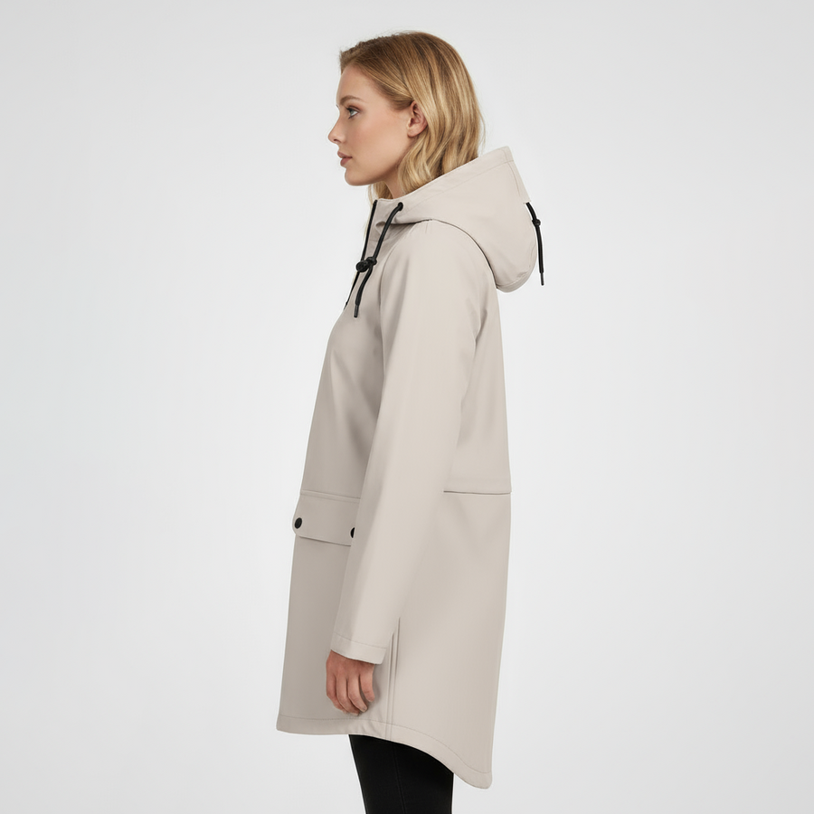 Close-up detail of the Emily jacket's zipper and fabric