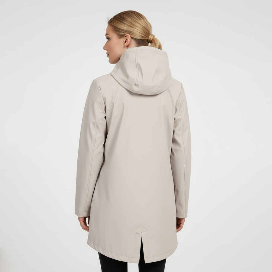 Front view of the Emily beige winter jacket with hood up