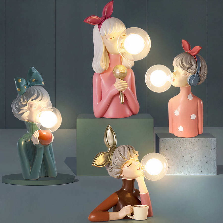 Table lamp with wood base and glass shade glowing warm light