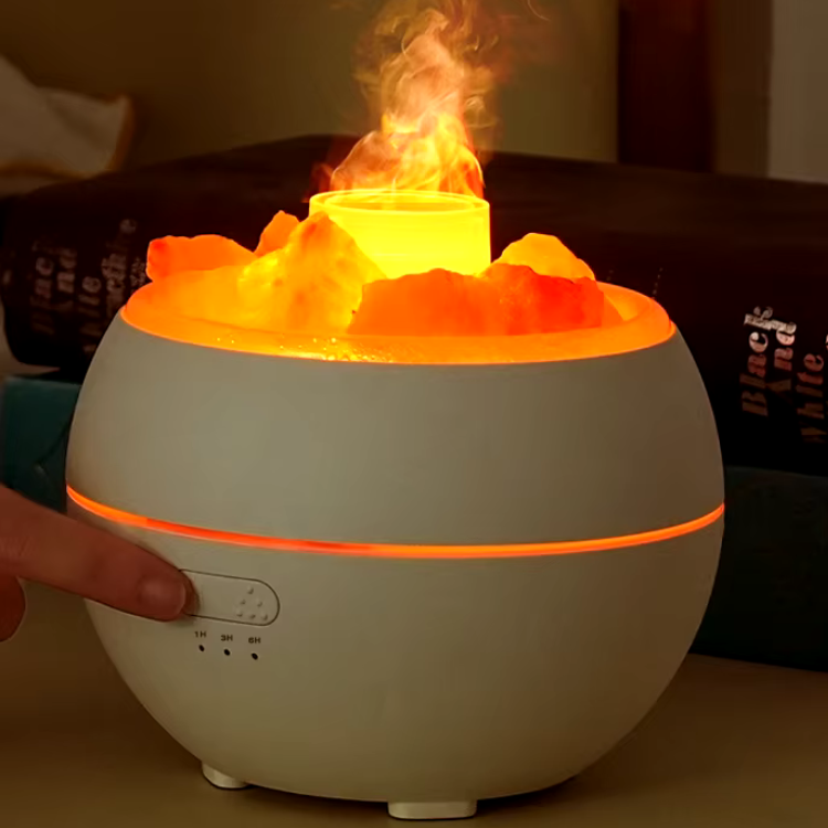 Close-up view of the salt lamp diffuser glowing
