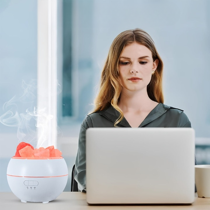 3-in-1 aroma diffuser with salt lamp displayed on a nightstand